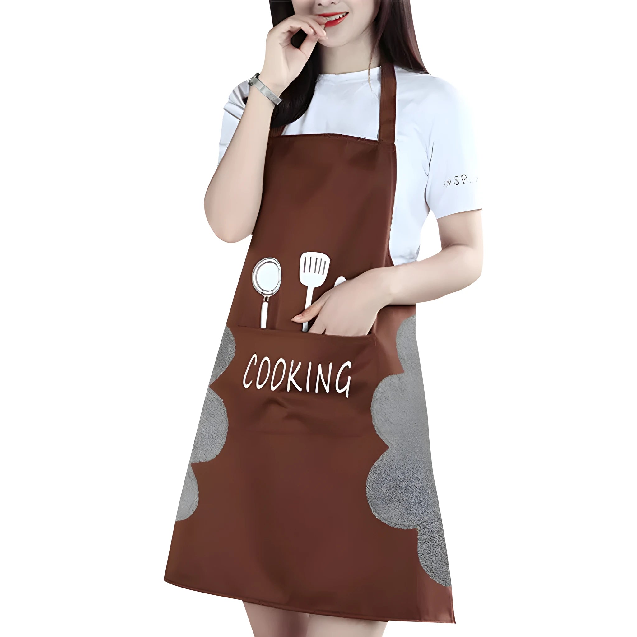 Korean style waterproof kitchen apron with coral velvet backing in 71cm by 72cm size
