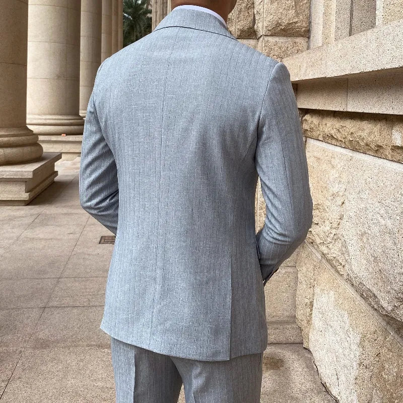 Mr. Lu San grey striped notch lapel two-piece suit jacket and trousers on hanger
