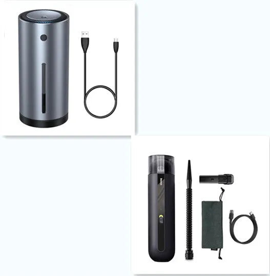 Black cordless handheld car vacuum cleaner with blowing hose attachment on a desktop.