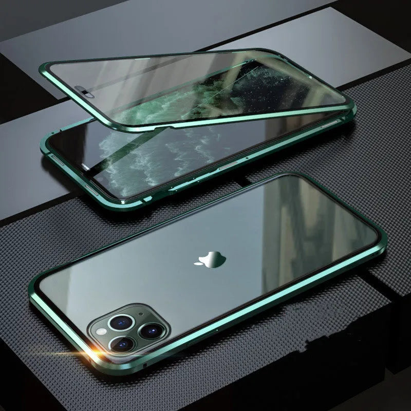 Glass clamshell anti-spy phone case in black, silver, red, gold, green, or blue for iPhone models.