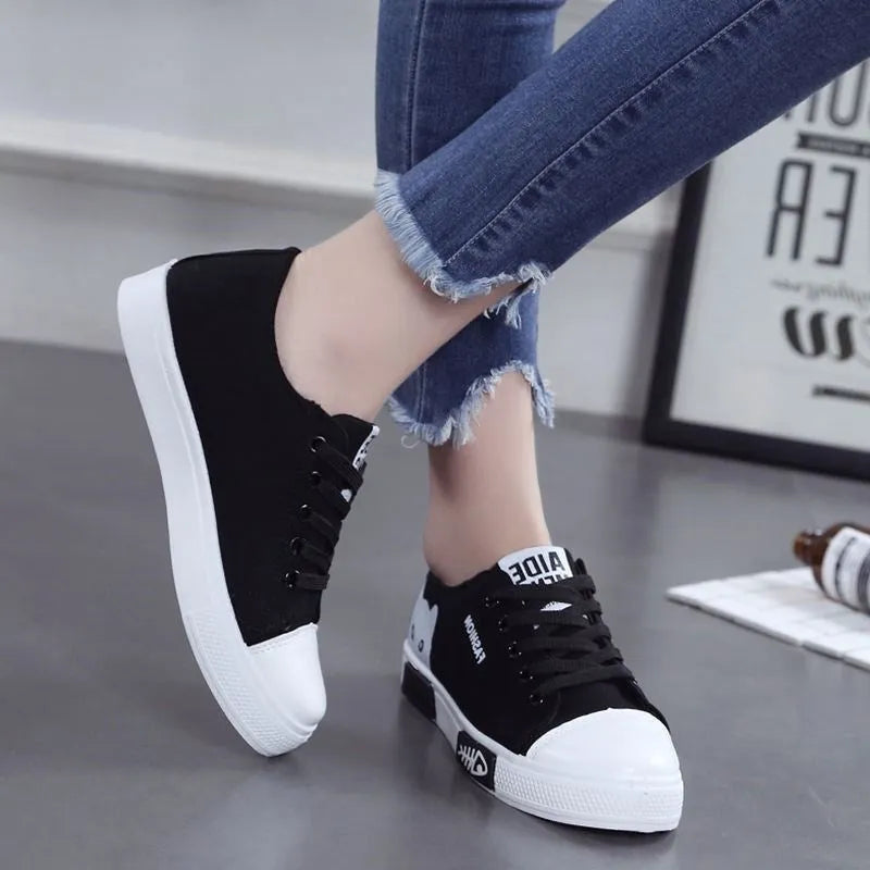 Cat fish print canvas shoes ladies slip-on casual sneakers pink black white sizes 35 to 40