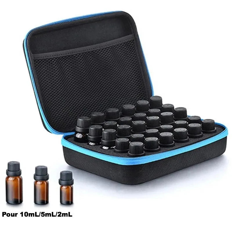 Red EVA essential oil storage bag with 30 compartments open to show bottle slots.