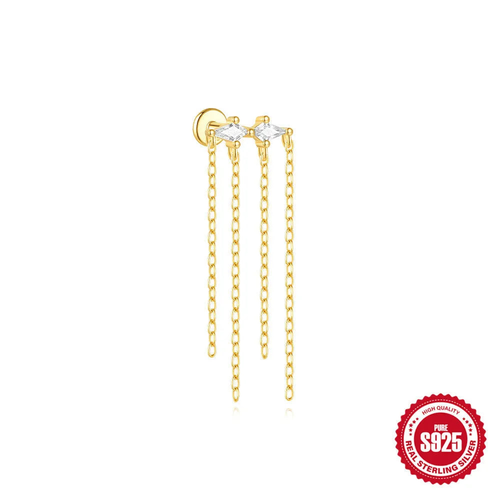 S925 sterling silver geometric kite earring with rhinestones and a chain tassel in a gold colour.