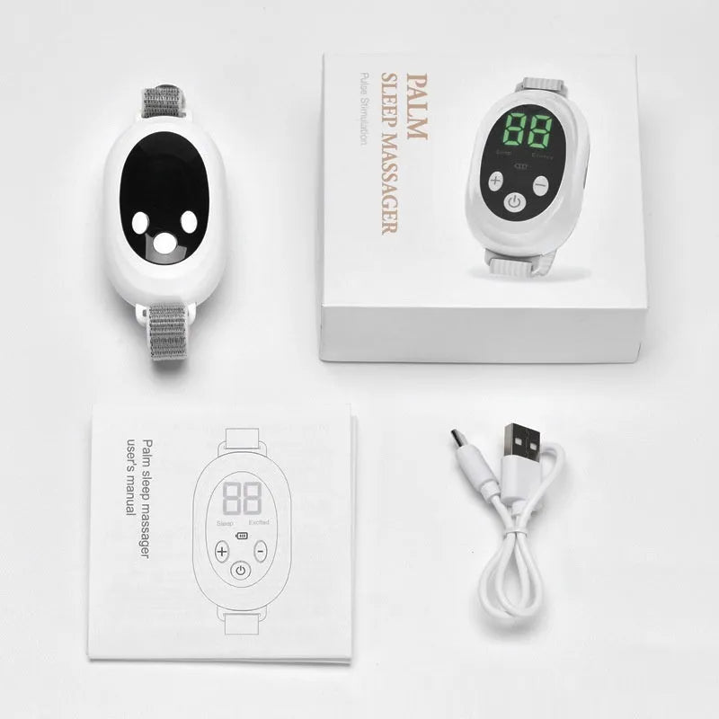 White intelligent sleep aid device with handheld remote control showing adjustable settings