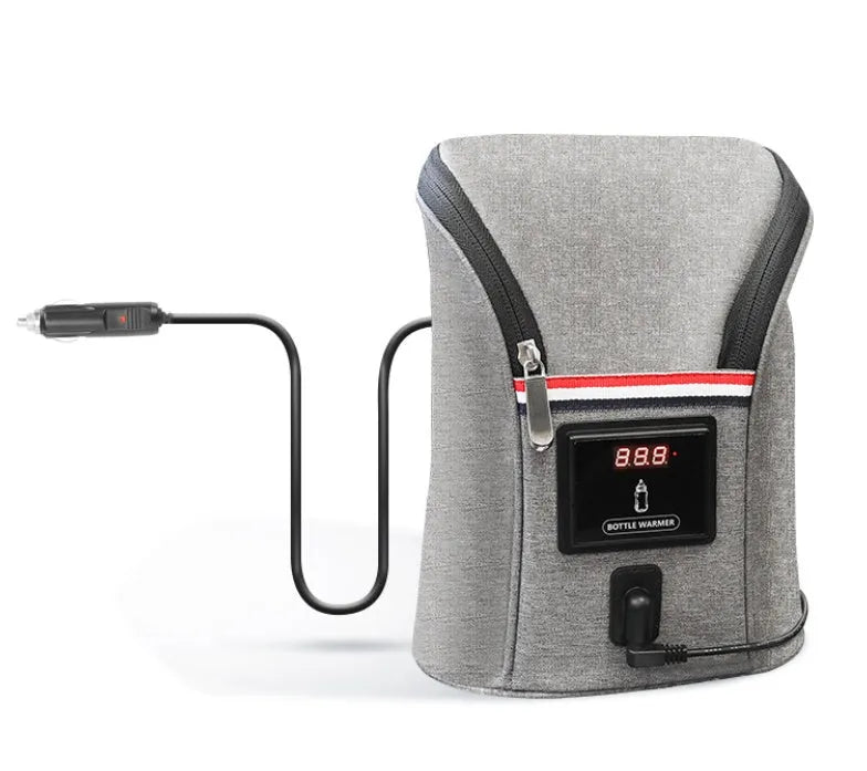 Grey Oxford cloth portable baby bottle warmer with car charger and electronic temperature display
