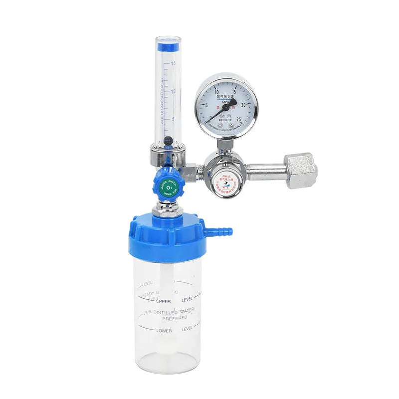 Blue oxygen cylinder pressure reducer with gauge and outlet for oxygen supply systems