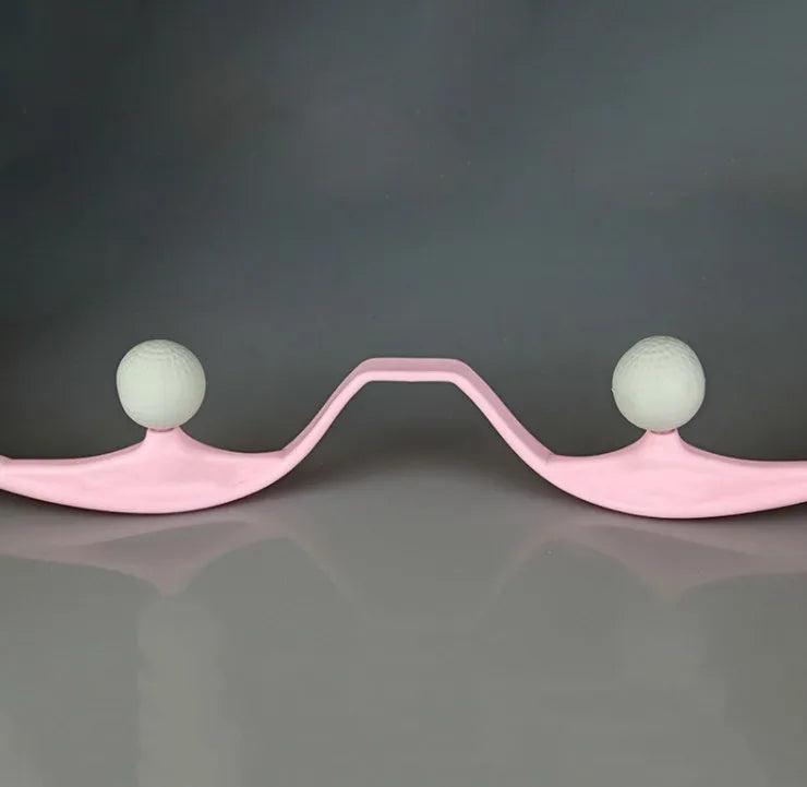 Blue plastic swan-shaped neck massager with hand roller and adjustable stand on a white background