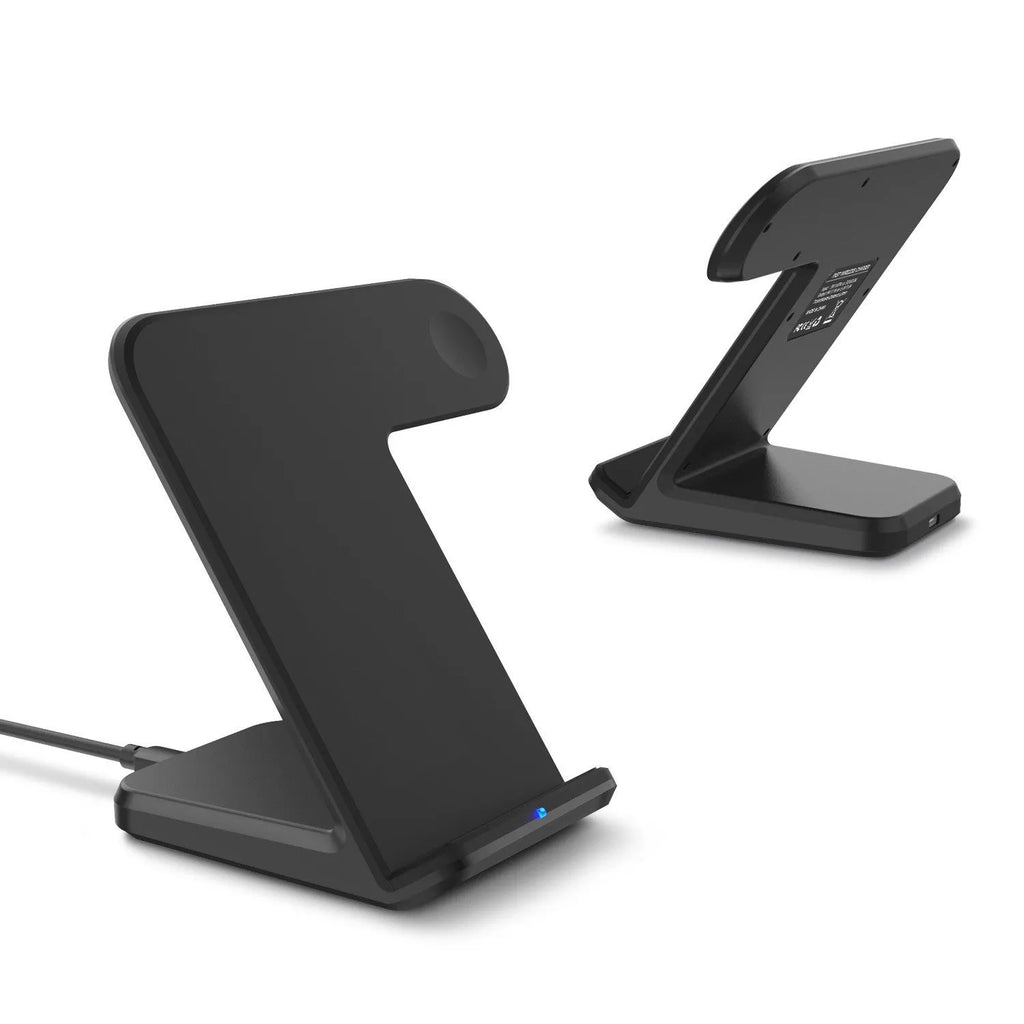Black wireless phone charger with silicone surface measuring 140x121x105mm