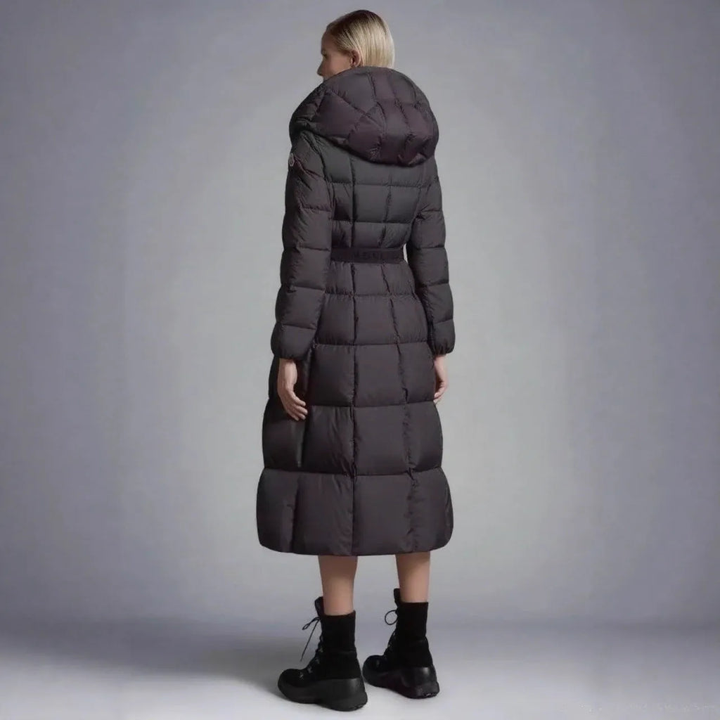 Women's long black hooded down jacket with 65cm medium length and A-line shape
