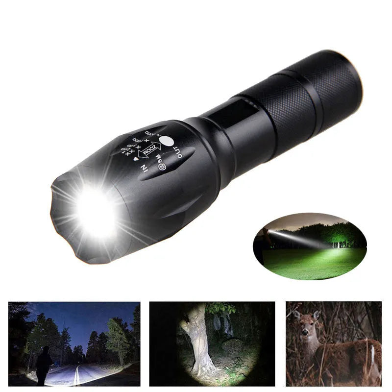 Black aluminium alloy zoomable LED flashlight with adjustable focus ring on a textured body.