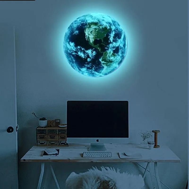 Glow in dark 3D Earth wall sticker showing luminous planet design on wall with astronomy theme
