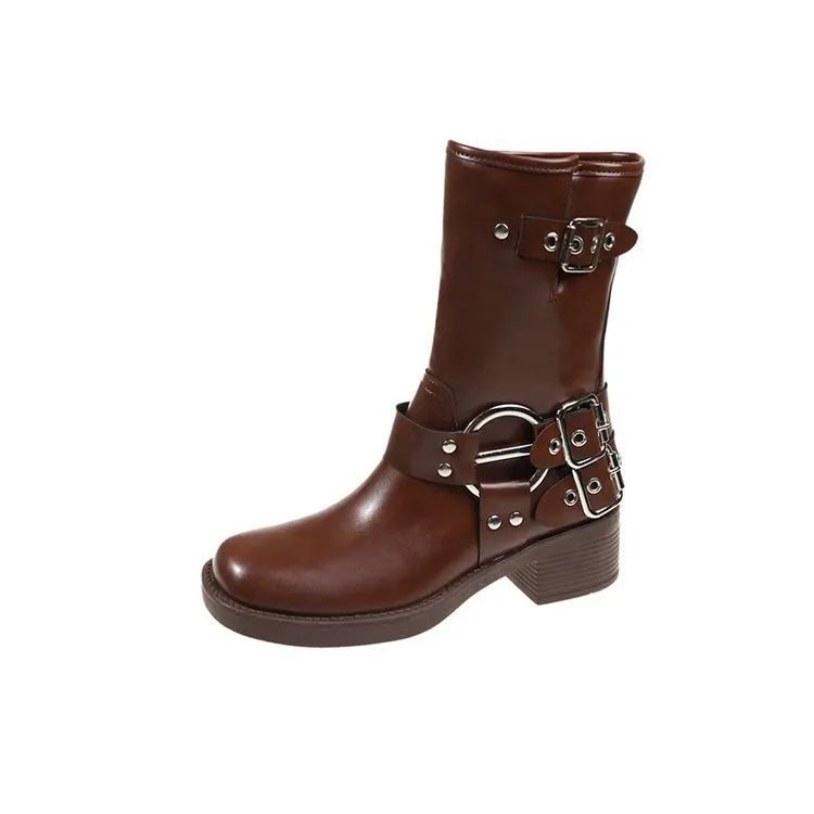 Women's black platform boots with belt buckle detail and lace-up closure, mid-calf length