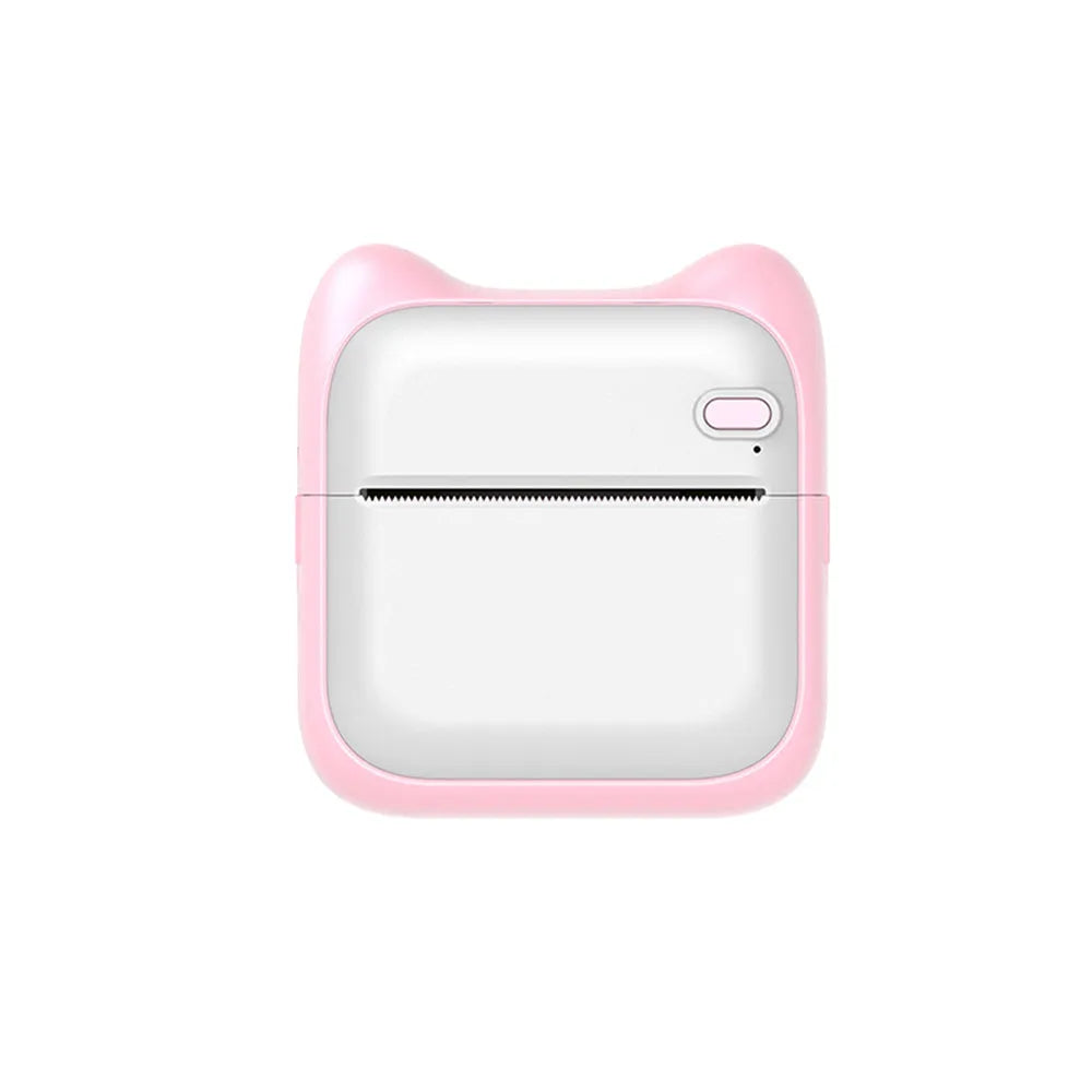 Pink mini pocket Bluetooth thermal printer on desk with USB cable, 90x45x82mm