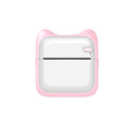 Pink mini pocket Bluetooth thermal printer on desk with USB cable, 90x45x82mm