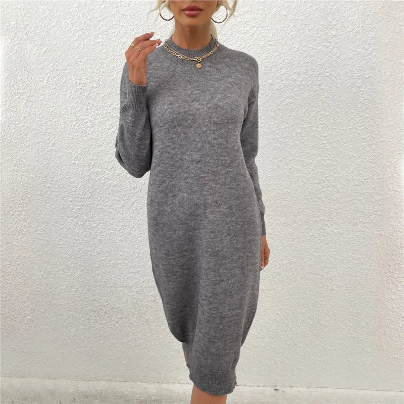 Women's grey crew neck acrylic sweater with long sleeves and pullover design