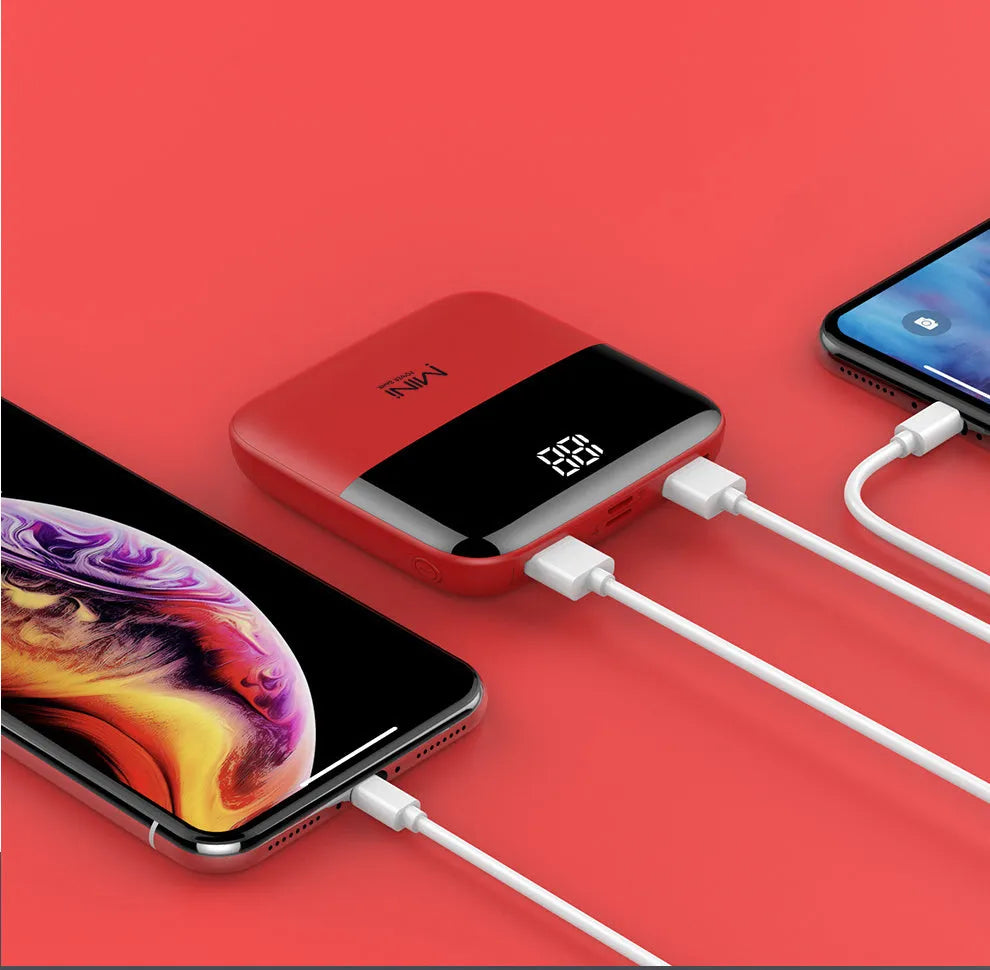 10000mAh portable power bank with digital display and dual USB ports in multiple colour options
