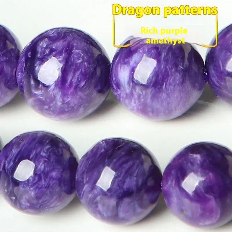 Natural transparent charoite crystal bracelet with platinum clasp, showing different bead size options.