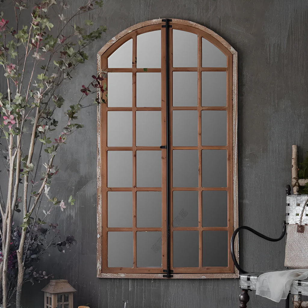 Terrace distressed fake window wall mirror with log colour finish and wooden glass construction