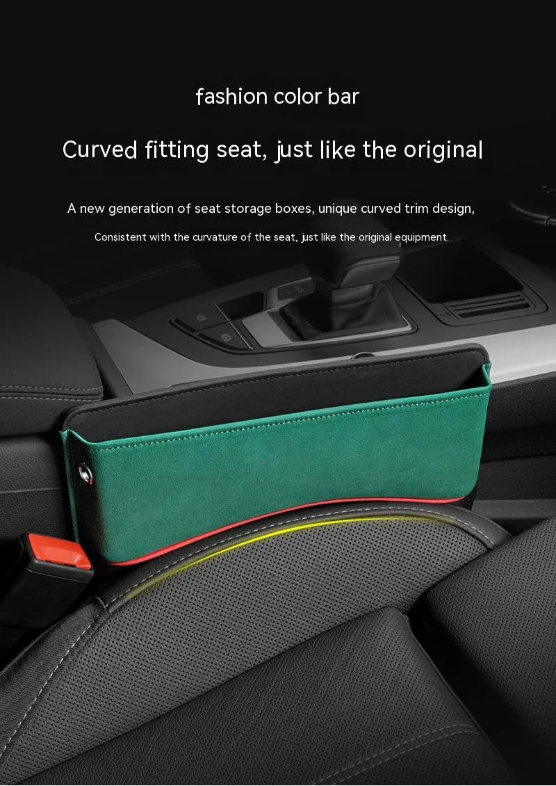 Leather car seat storage box in beige colour on a car passenger seat.