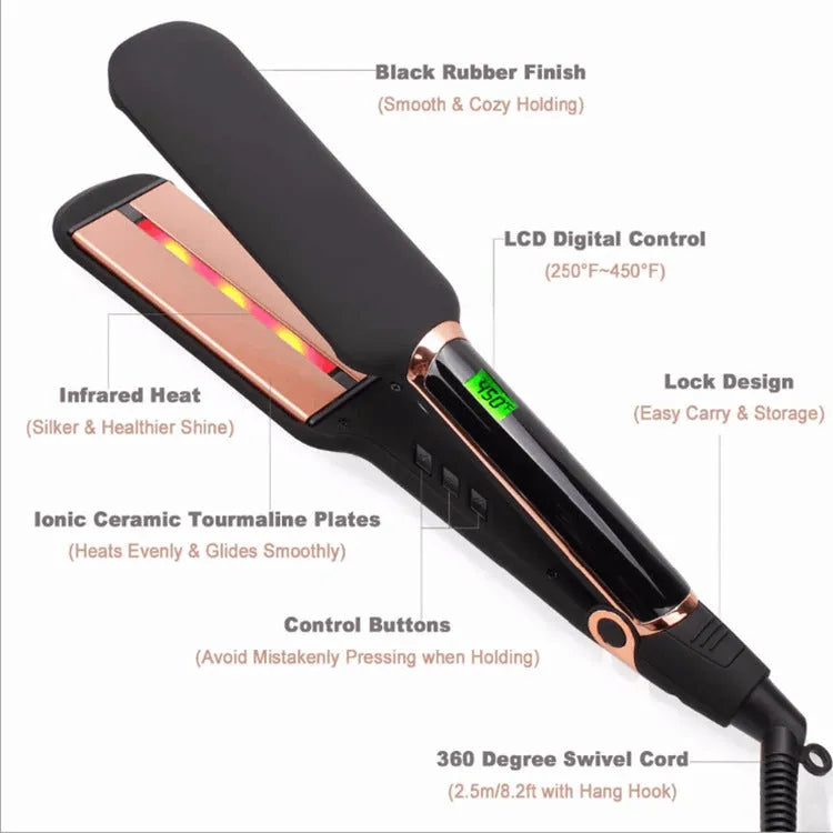 Infrared hair straightener with blue LED display and ceramic oil heating plate