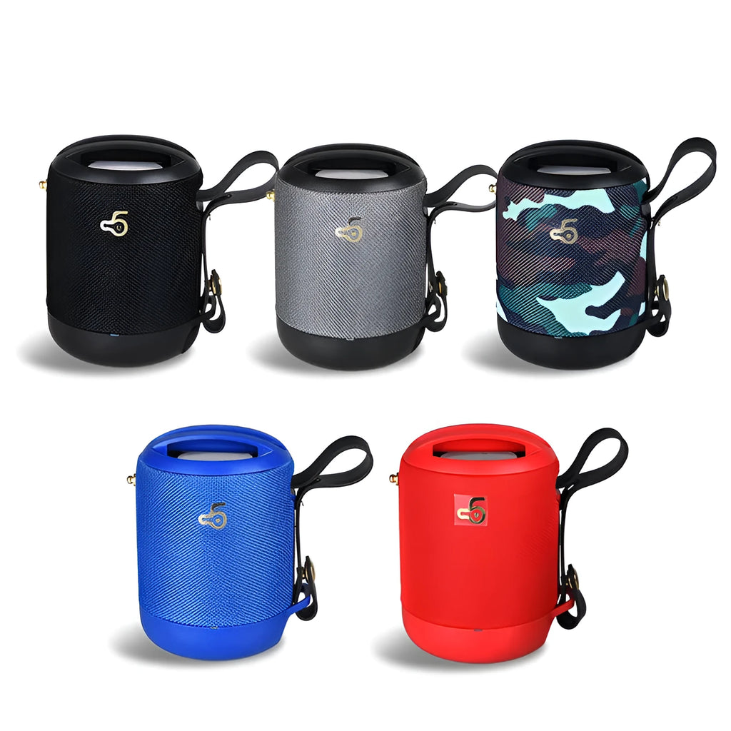 Waterproof portable Bluetooth speaker with leather texture in black, blue, camouflage, grey, or red colours