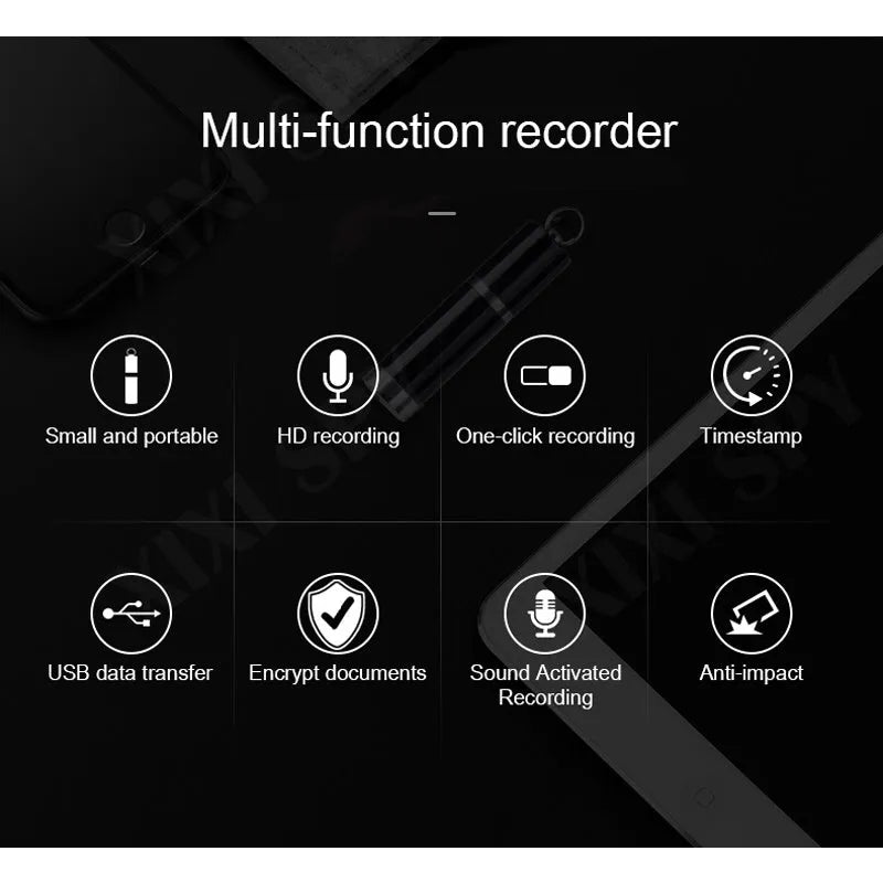 Amoi Voice Recorder A1 in black with metal shell, 23g weight, lithium battery