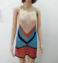 Beige knitted cutout bikini top with cropped length and lightweight polyester fabric on white background