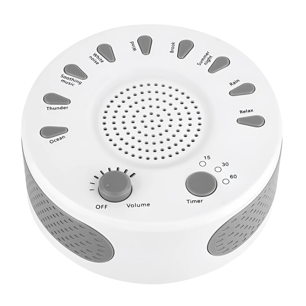 White portable white noise sleep sound machine with control knob on a bedside table.