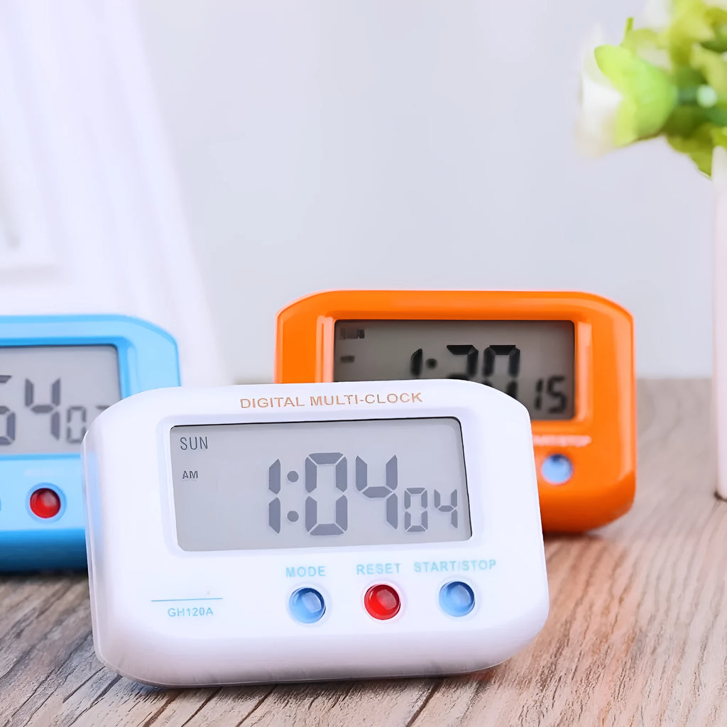 Portable LCD alarm clock with luminous display, showing time and date on screen