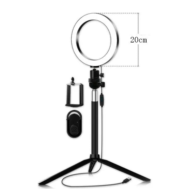 Self-made fill light artifact 5W LED ring light 20cm five-in-one kit black with tripod and phone clip on desk