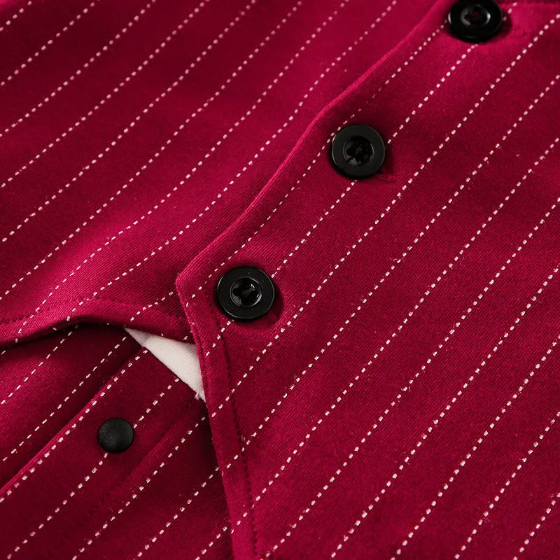 Wine red long sleeve cotton romper for a baby boy with a single-breasted closure.