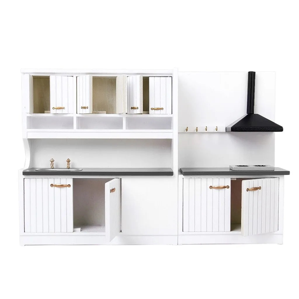 Two-piece white birch dollhouse kitchen cabinet set with working doors and metal handles, including sink and stove cabinets