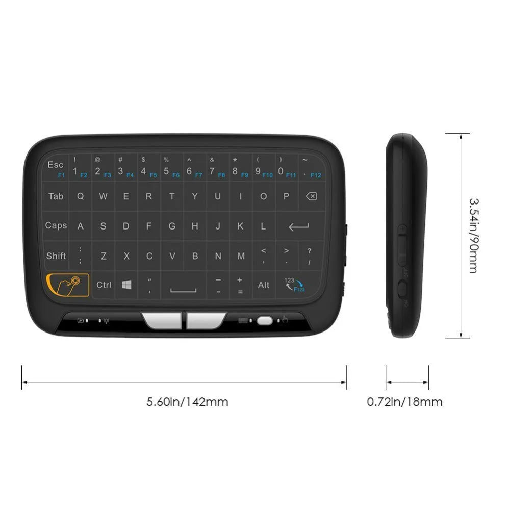 Mini H18 black wireless keyboard with 5.3 inch touchpad and QWERTY layout