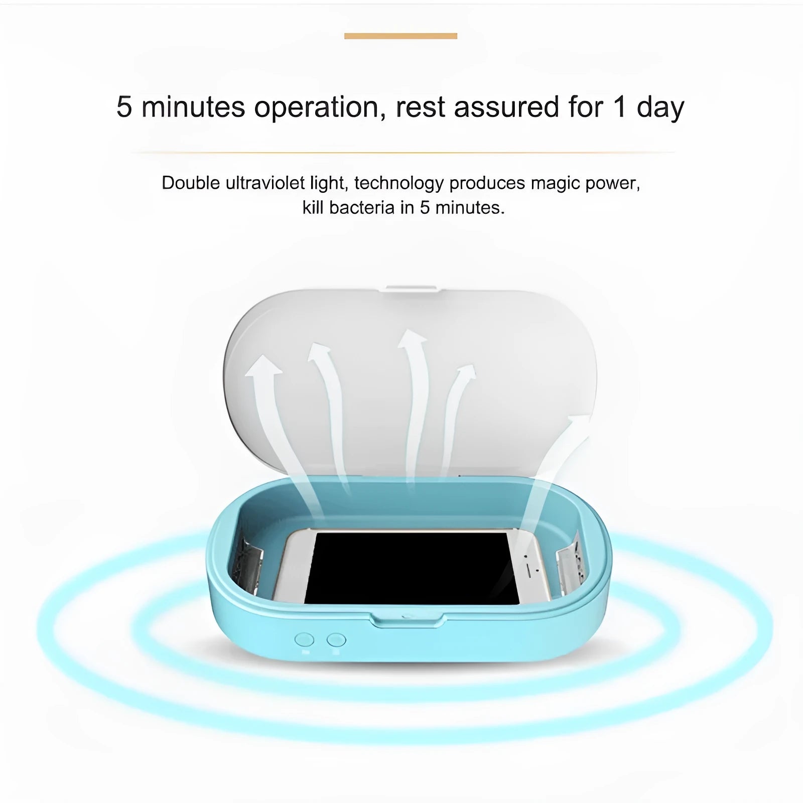White double UV phone sterilizer box with two UV lamps inside, USB cable included