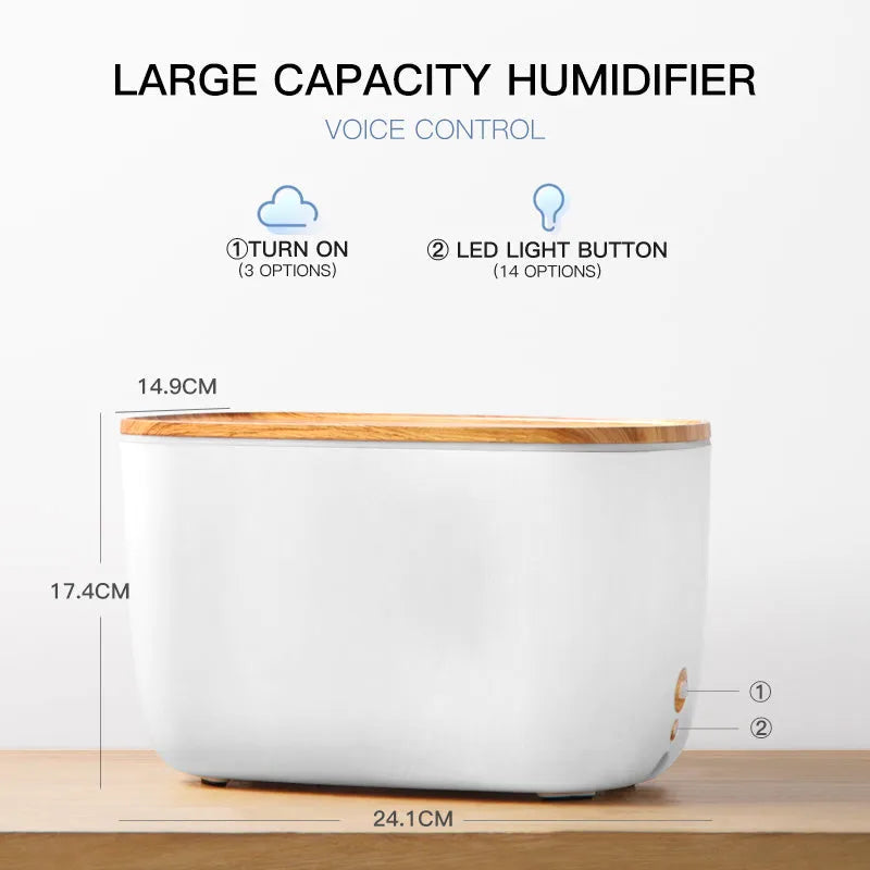 GX-22K white household atomizer humidifier and essential oil diffuser with night light on a wooden table.