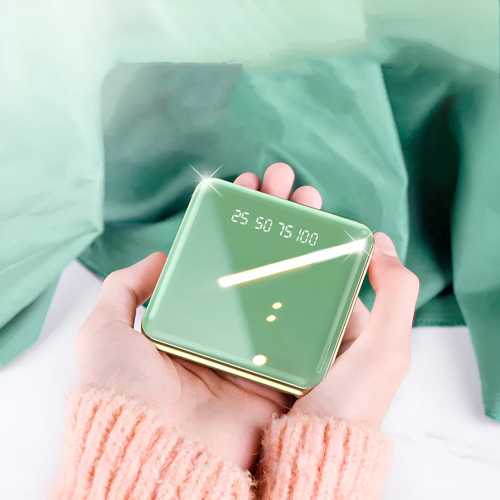 Square mini power bank in blue, green, grey, or red with multi-port USB charging