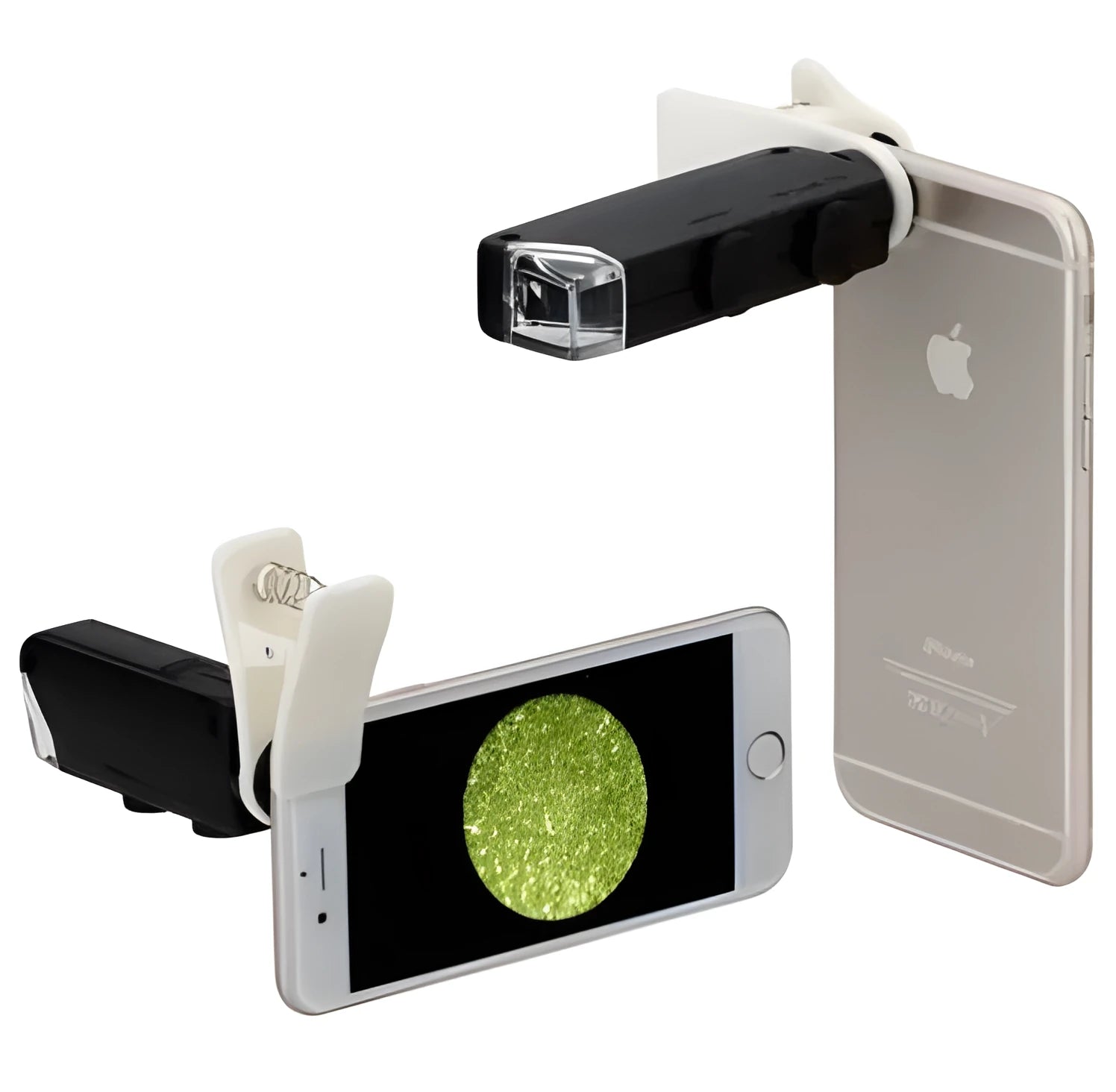 Clip-on smartphone microscope with 60-100X zoom, LED and UV light, attached to a phone camera