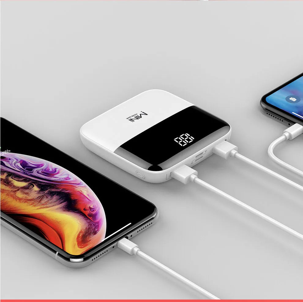 10000mAh portable power bank with digital display and dual USB ports in multiple colour options
