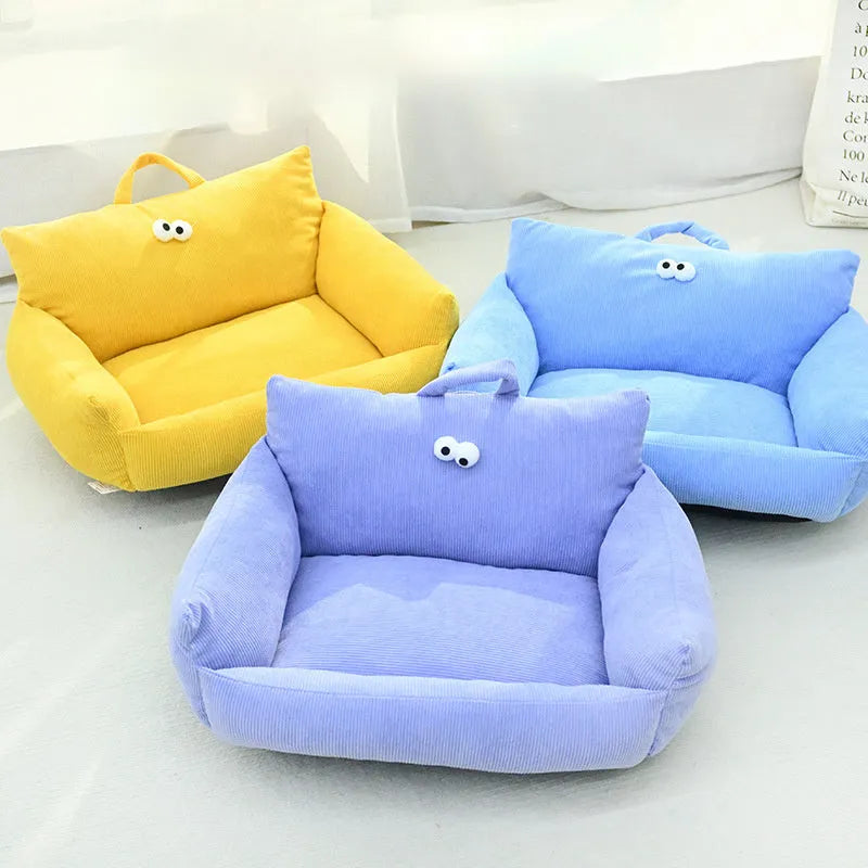 Warm puppy sofa kennel with cartoon eyes in blue colour, small size 55x45cm