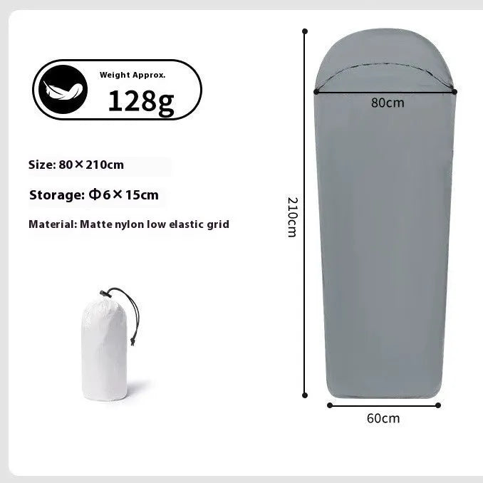 Blue adult mummy-style nylon camping sleeping bag laid out, showing its dimensions.