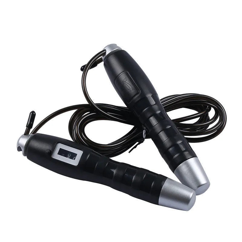 Adjustable digital skipping rope with black ABS handle and coated steel cable on white background
