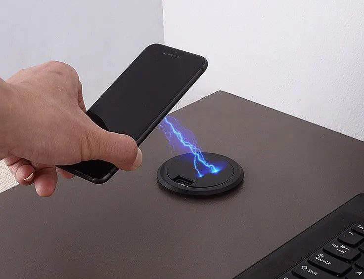 60mm black round embedded wireless phone charger for desk or table installation