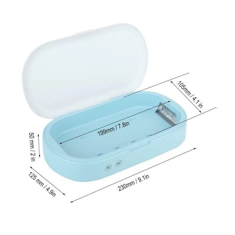 White double UV phone sterilizer box with two UV lamps inside, USB cable included