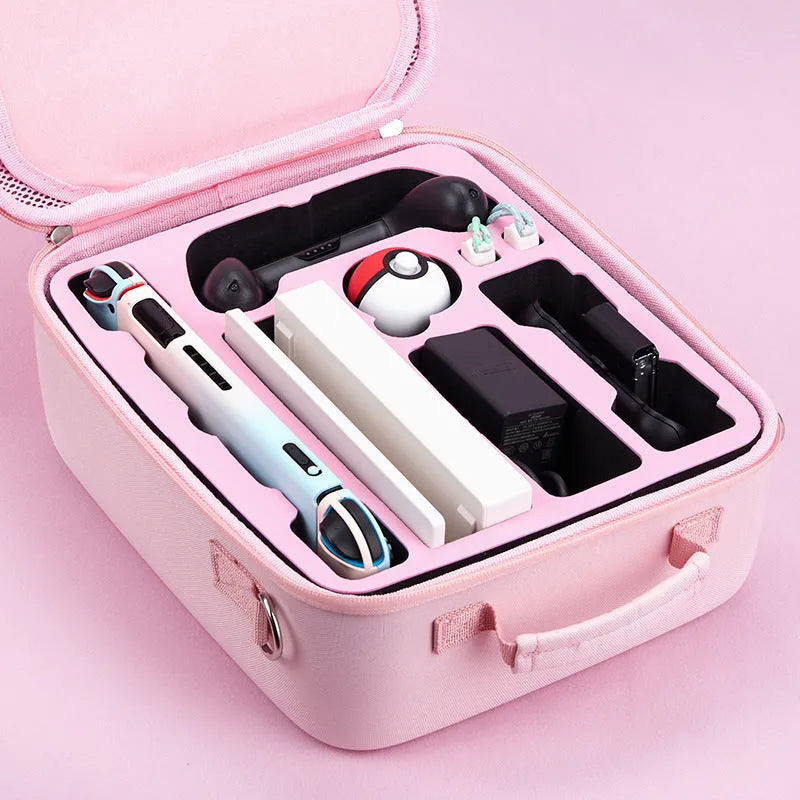 Nintendo Switch accessory storage bag in black, blue, or pink with game cartridge slots and a carrying strap.