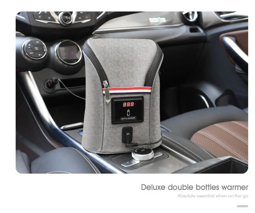 Grey Oxford cloth portable baby bottle warmer with car charger and electronic temperature display