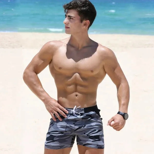 Men's camouflage pattern beach surf shorts in blue and gray cotton-polyester blend