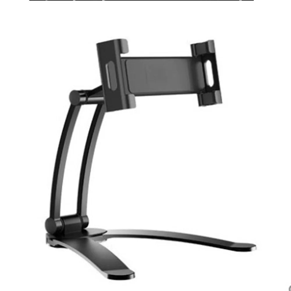 Silver aluminium desktop tablet stand with adjustable angle and folding clamp holding a tablet.