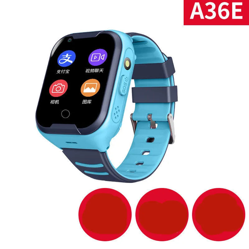 Children's smart watch with blue silicone strap showing 1.44-inch touchscreen displaying GPS and call functions