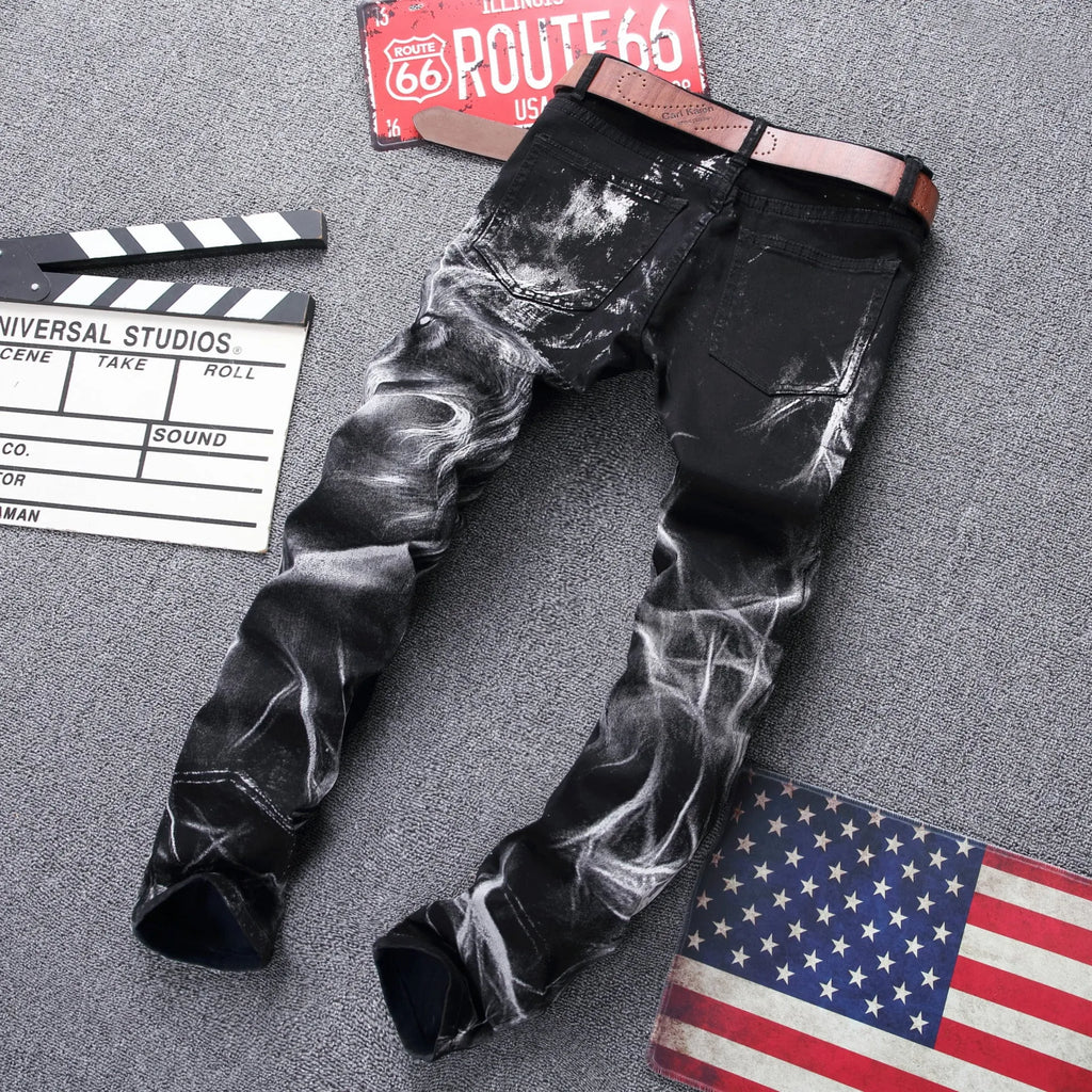 Men's black wolf print jeans with realistic wolf head design on cotton denim fabric