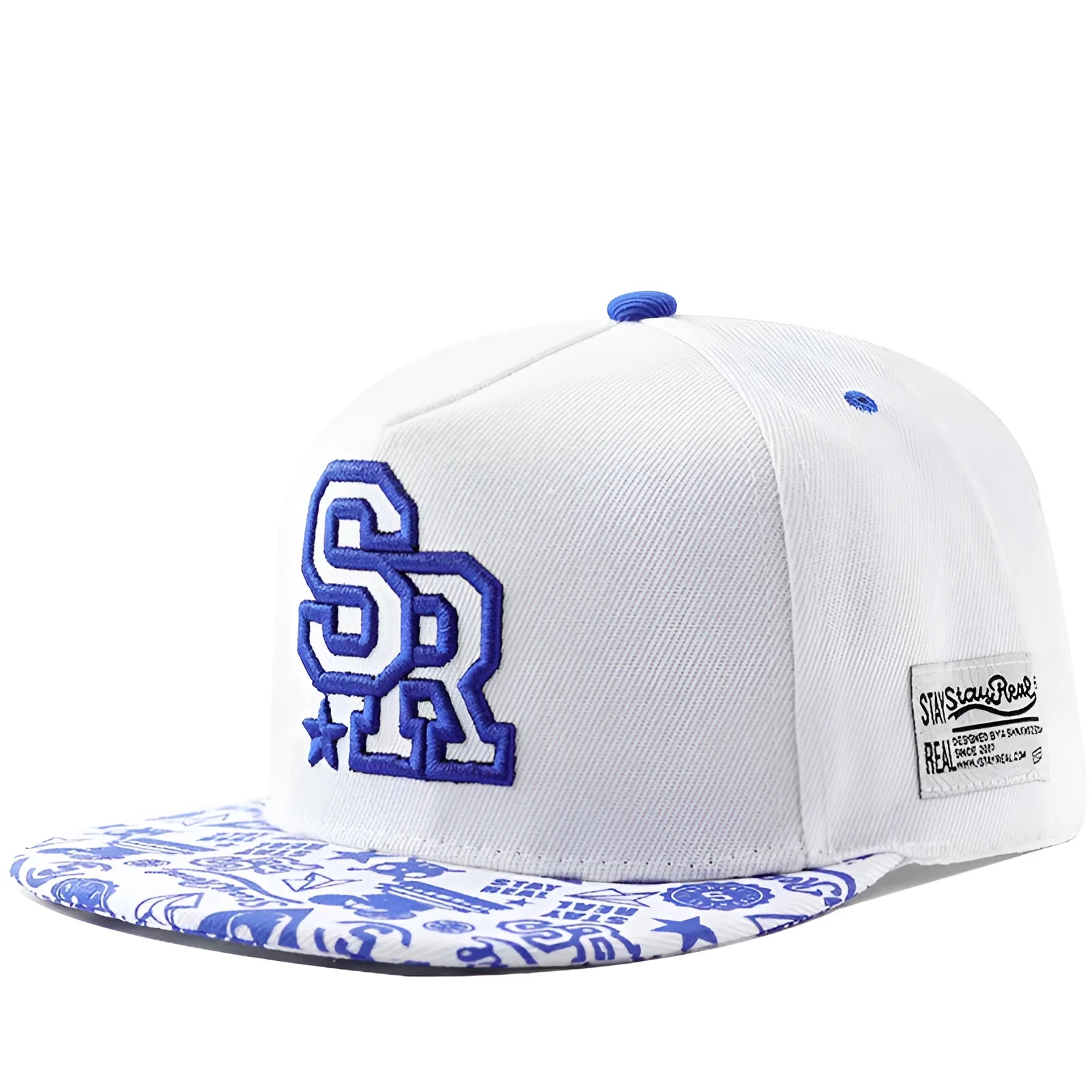 Cotton baseball cap with embroidered letters showing dome crown and adjustable back strap